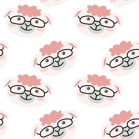 Cute school pattern with lamb or sheep student. Vector illustration can used for textile, poster, notebook cover, fabric design. Pastel colors.のイラスト素材