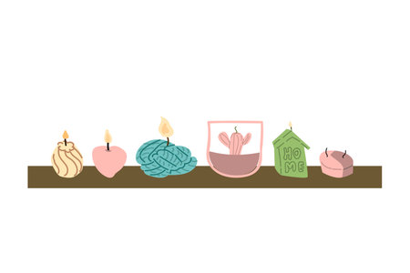 Collection of burning trendy candles. Different sizes and shapes. Can used for banner, label or poster.のイラスト素材