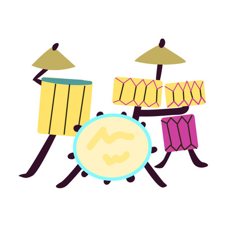 Yellow and purple drums set vector design. Drum kit in flat style vector illustration isolated. Drum set with cymbals musical instruments, clipart. Percussion instruments family for concert.のイラスト素材
