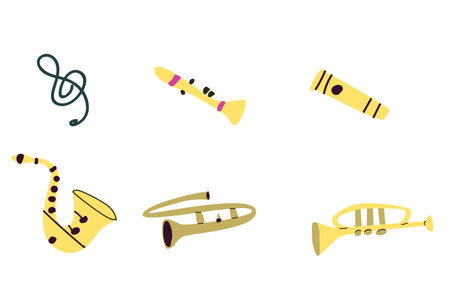Vector set of musical instruments. Orchestra classical and ethnic instruments. Vector illustration of drum, guitar, saxophone, trumpet, violin, banjo and other.のイラスト素材