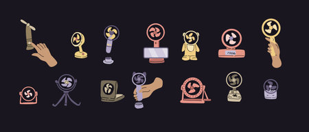 hand drawn simple portable fan - electric appliance. Vector illustration of fan with smartphone. Can use for electric appliance banner, flyer and poster.のイラスト素材