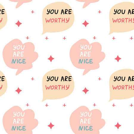 Background of speech bubbles with compliment phrases, self love quotes with star, seamless pattern. Vector illustration can be used for textile, fabric design, posters.のイラスト素材