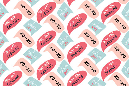 Background of speech bubbles with compliment phrases, self love quotes with star, seamless pattern. Vector illustration can be used for textile, fabric design, posters.のイラスト素材