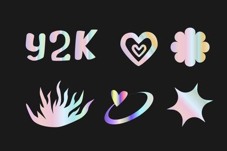Y2k elements set with gradient, 2000s holographic stickers in retro 00s style. Can use for vector futuristic banner, poster, greeting card. Abstract aesthetic y2k set, silver shapes with quotesのイラスト素材