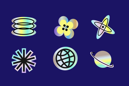 Y2k elements set with gradient, 2000s holographic stickers in retro 00s style. Can use for vector futuristic banner, poster, greeting card. Abstract aesthetic y2k set, silver shapes with quotesのイラスト素材