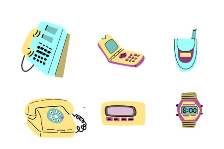 90s retro elements set or 80s, or y2k elements, retro style, game and music items. Can use for stickers, banner, greeting card.のイラスト素材