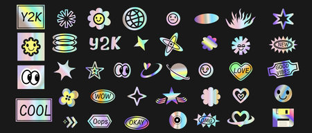 Y2k elements set with gradient, 2000s holographic stickers in retro 00s style. Can use for vector futuristic banner, poster, greeting card. Abstract aesthetic y2k set, silver shapes with quotesのイラスト素材