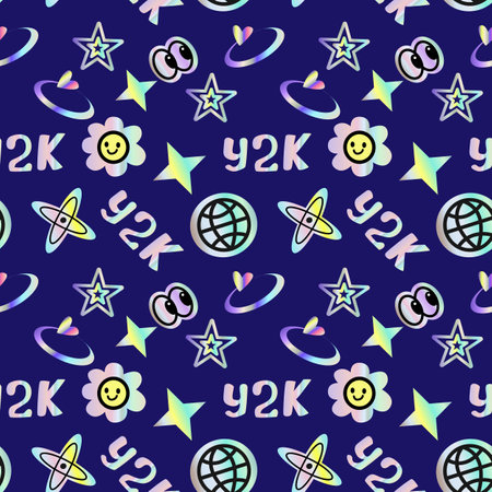 2000s pattern with hologram stickers, smiling, quotes and shining shapes. y2k elements seamless pattern or background. Futuristic retro design.のイラスト素材