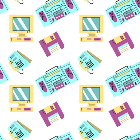 90s retro element seamless pattern, retro style, game and music items. Can use for stickers, banner, greeting card. wallpaper, textile, music background.のイラスト素材