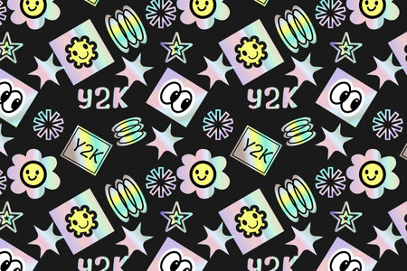 2000s pattern with hologram stickers, smiling, quotes and shining shapes. y2k elements seamless pattern or background. Futuristic retro design.のイラスト素材