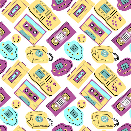90s retro element seamless pattern, retro style, game and music items. Can use for stickers, banner, greeting card. wallpaper, textile, music background.のイラスト素材