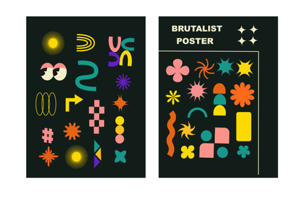 Brutalist posters set with naive playfull shapes and smile stickers. Retro abstract shapes backgrounds. Brutal contemporary figure circle oval wave patterns. Geometric posters in modern brutalist style.のイラスト素材