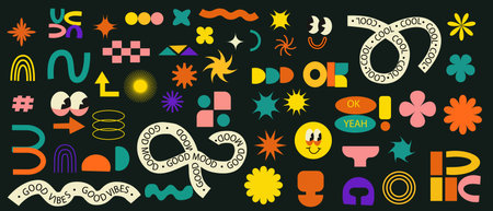 Set of stickers with naive playful abstract shapes. Brutalist set. Circle, oval, rectangle, arched in the trendy retro style. Aesthetics y2k style. Vector illustration with wavy geometric elements.のイラスト素材