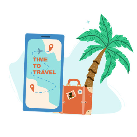 Summer vacation ticket booking concept background. Trip on plane and online service for booking tickets and hotel. Airplane, tickets, passport, phone with map cartoon banner on blue background.のイラスト素材