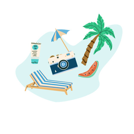Summer vacation travel elements on blue background. Resort on beach concept design. Camera and...