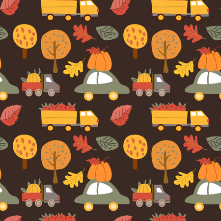 Autumn fall thankgiving pattern with cartoon characters, thanksgiving holiday background, fall harvest on cars, seasonal food with pumkin.のイラスト素材