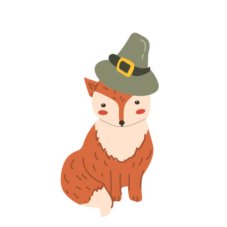 Autumn fall thanksgiving animal character in hat. Wild animal for greeting card for thanksgiving holiday, autumn festival, harvest celebration design.のイラスト素材