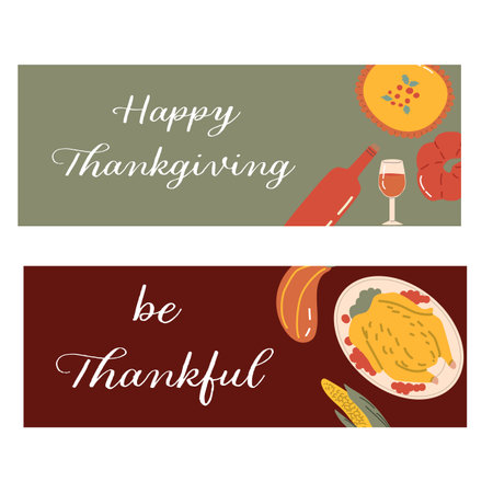 Autumn fall thanksgiving day banner or greeting card with leaves. Celebration design for harvest festival, thanks with food and flower autumn border. Fall thanksgiving day background.のイラスト素材