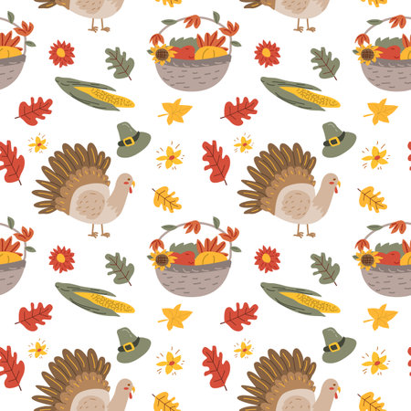 Autumn fall thanksgiving pattern with cartoon characters, thanksgiving holiday background, fall wild animals and turkey, seasonal food with pumkin.のイラスト素材