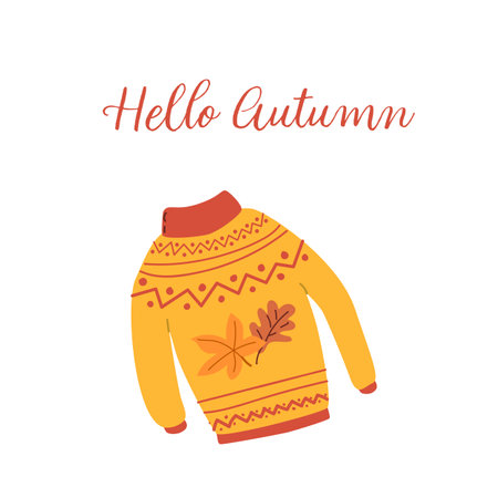 Hello Autumn fall greeting banner with foliage forest leaves on sweater. Welcome autumn banner. Invitation to new harvest season. Template for poster design, prints, flyers. Vector illustration.のイラスト素材