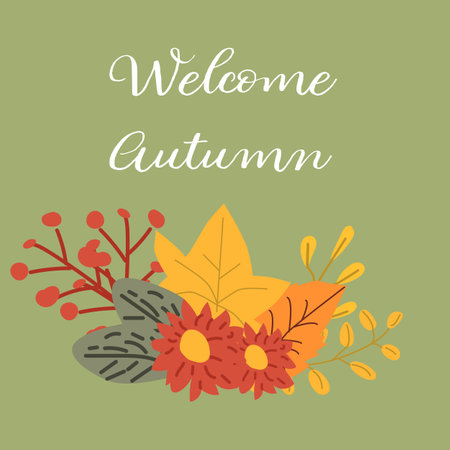 Hello Autumn fall greeting banner with foliage forest leaves. Welcome autumn banner. Invitation to new harvest season. Template for poster design, prints, flyers. Vector illustration.のイラスト素材