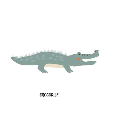 Children's animal card for education. Kindergarten design. Cute african animal flash card on english language. Funny cartoon character crocodile poster for kids room with quotes.のイラスト素材