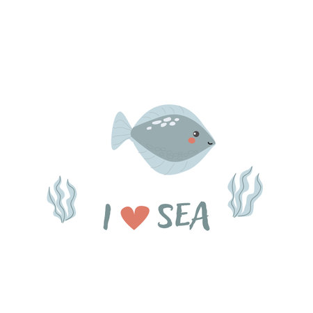 Childrens sea animal background with words. Nautical elements. Cute fish or ocean inhabitant with seaweed. Sea wild life, marine animals with text for stickers, cover design, clothes.のイラスト素材