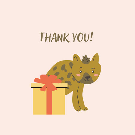 Childrens animal card hyena with congratulation text. Cute african animal celebration design. Greeting card with little wild pet for Childish postcard.のイラスト素材