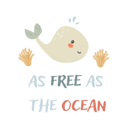 Childrens sea animal whale background with words. Nautical elements. Cute fish or ocean inhabitant with seaweed. Sea wild life, marine animals with text for stickers, cover design, clothのイラスト素材