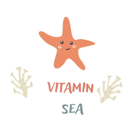 Childrens sea animal statfish background with words. Nautical elements. Cute fish or ocean inhabitant with seaweed. Sea wild life, marine animals with text vitamine for stickers, cover design, clothのイラスト素材