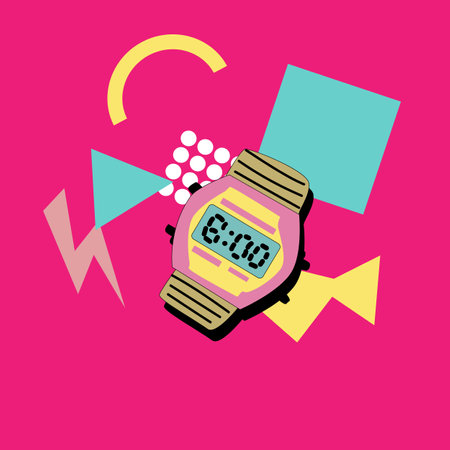 90s music background. Retro disco banner with y2k or 00s elements. Game or music equipment, laptop from 90s. Bright banner for social network.のイラスト素材