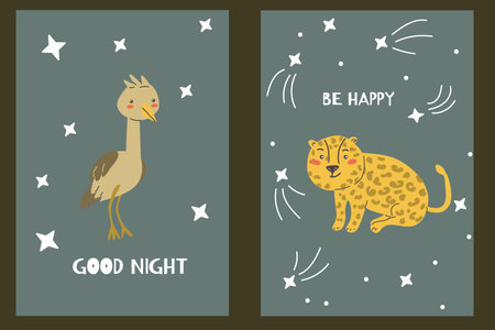 Children's animals posters set. Nursery design. Cute baby african animals cards. Hand drawn wild pets posters collection.のイラスト素材