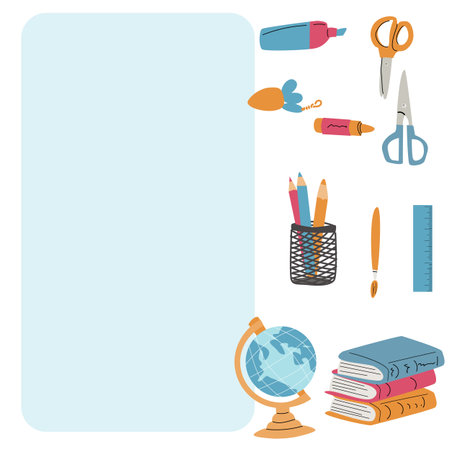 Back to school, kindergarten banner or frame. Children school elements, pencils background with copy space. Children supplies, cute design. Can used for poster, sale banner.のイラスト素材
