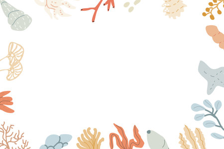 Cute marine frame with sea animals, shell, dolphin and other ocean inhabitants. Nursery pastel design. Childrens sea animals background.のイラスト素材