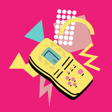 90s music background. Retro disco banner with y2k or 00s elements. Game or music equipment, laptop from 90s. Bright banner for social network.のイラスト素材