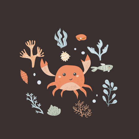 Childrens sea animal background with shell. Nautical elements card. Cute fish or ocean inhabitant with seaweed. Sea wild life, marine animals with plants for cover design, clothのイラスト素材