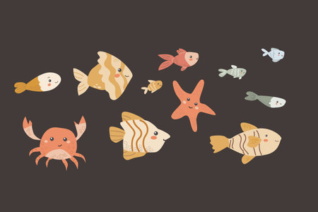 Cute childrens sea animals set. Marine underwater elements collection. Ocean inhabitants set of fish, crab and other cute characters. Wild aquatic creatures in childish naive hand drawn style.のイラスト素材
