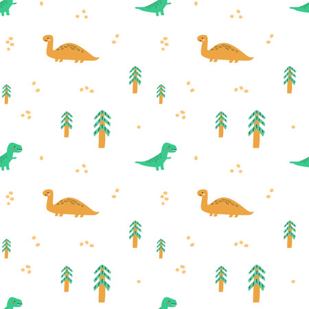 Childrens animals pattern of cute baby dinosaurs collection. For textile. Nursery design. Childrens dinosaurs background with tropical tree. Childish animals pattern, hand drawn elements.のイラスト素材