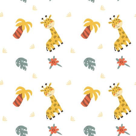 Childrens animals pattern with tropical plants. Childish cute print design with african animals and palm and hand drawn elements. Kids nursery scandinavian cartoon characters.のイラスト素材