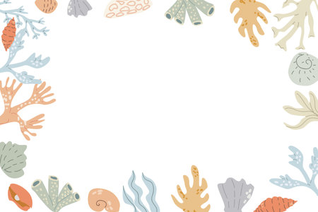 Cute marine frame with sea animals, shell, dolphin and other ocean inhabitants. Nursery pastel design. Childrens sea animals background.のイラスト素材