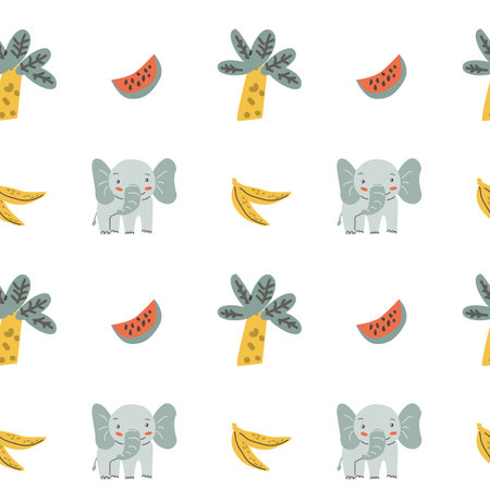 Childrens animals pattern with tropical plants. Childish cute print design with african animals and palm and hand drawn elements. Kids nursery scandinavian cartoon characters.のイラスト素材