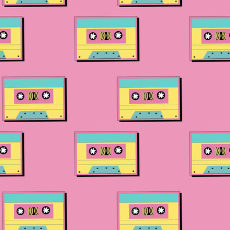 90s music background with audio equipment from 00s. Retro fashion seamless pattern with cassette. Geometry shapes and other 90s elements background.のイラスト素材