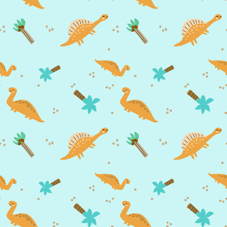 Childrens animals pattern of cute baby dinosaurs collection. For textile. Nursery design. Childrens dinosaurs background with tropical tree. Childish animals pattern, hand drawn elements.のイラスト素材