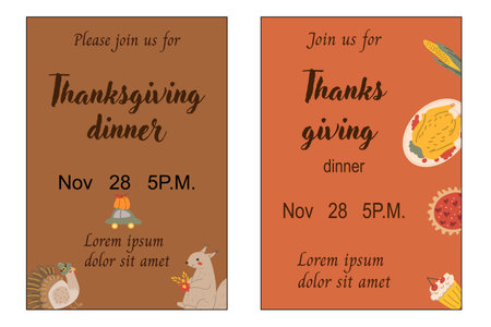Fall thanksgiving invitation set. Autumn turkey day holiday posters. Invite to dinner, seasonal party thanksgiving template. Hand drawn autumn fall thanksgiving backgrounds collections.のイラスト素材
