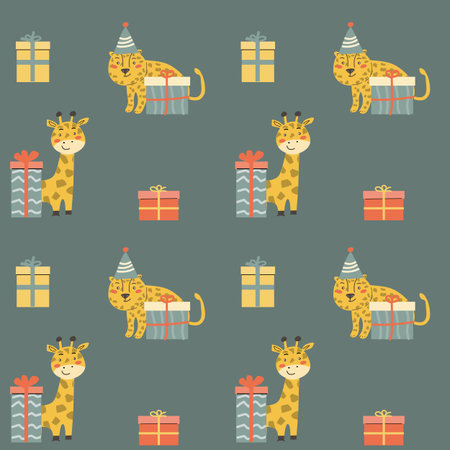 Childrens animals pattern, cute african jungle and tropical animal background for textile, poster, cover, wrapping paper. Celebration animals pattern for christmas, birthday, other holidays. Gifts.のイラスト素材
