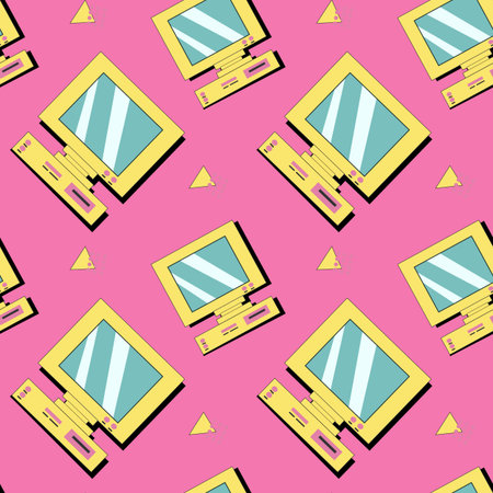 90s music background with audio equipment from 00s. Retro fashion seamless pattern with cassette....