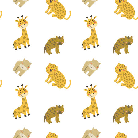 Childrens animals pattern, cute african jungle and tropical animal background for textile, poster, cover, wrapping paper. Wild animals pattern. Giraffe, hippo, hyena, leopard seamless print.のイラスト素材