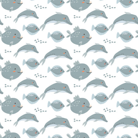 Childrens sea animals pattern, childish ocean marine life seamless background. Nursery baby animals print. Underwater inhabitants collection background for kids textile, clothes, wallpapers.のイラスト素材