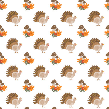 Fall thanksgiving pattern with autumn leaves and plants, animals. Cute fabric design. Thanksgiving day seamless background in traditional colors for clothes, textile, wrapping papers. Cute elements.のイラスト素材