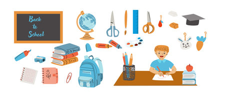 Childrens supplies cute elements of elementary school. Schoolbag, pendant, globe, pencils and books, notes for stickers, scrapbooking. Kindergarten flat elements for education. Back to school.のイラスト素材
